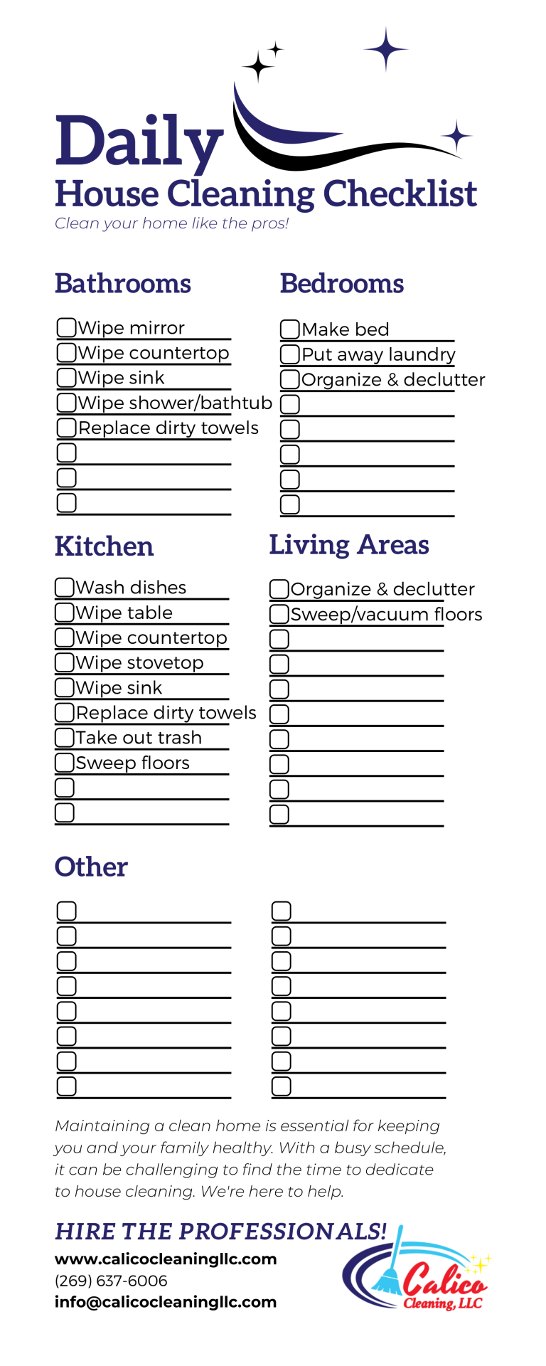 Daily House Cleaning Checklist Calico Cleaning LLC